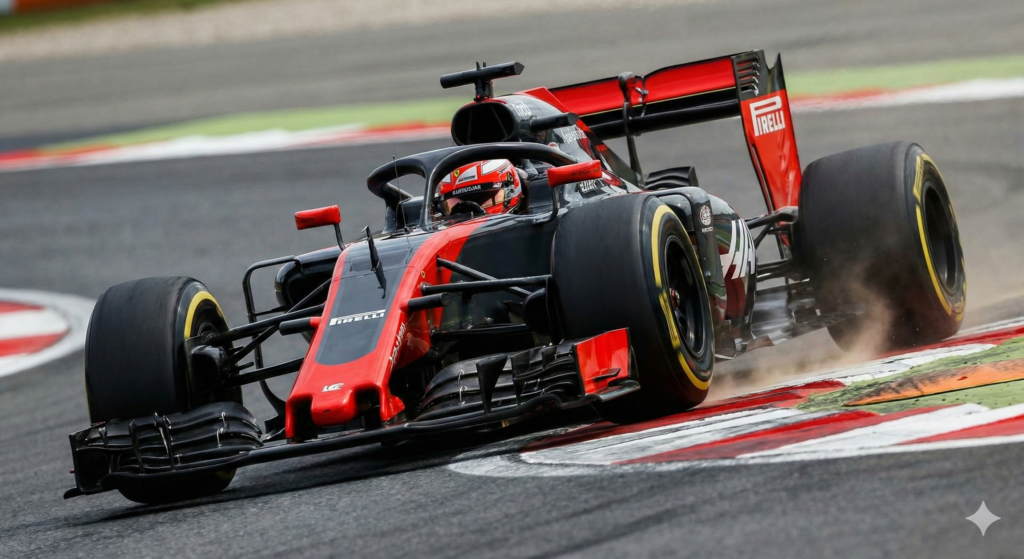 F1 car cornering showing extreme forces on Pirelli F1 tyre