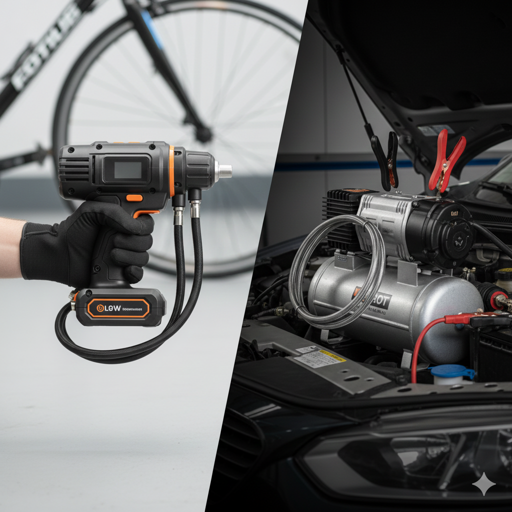 Comparison between a cordless tyre pump and a heavy-duty 12V air compressor