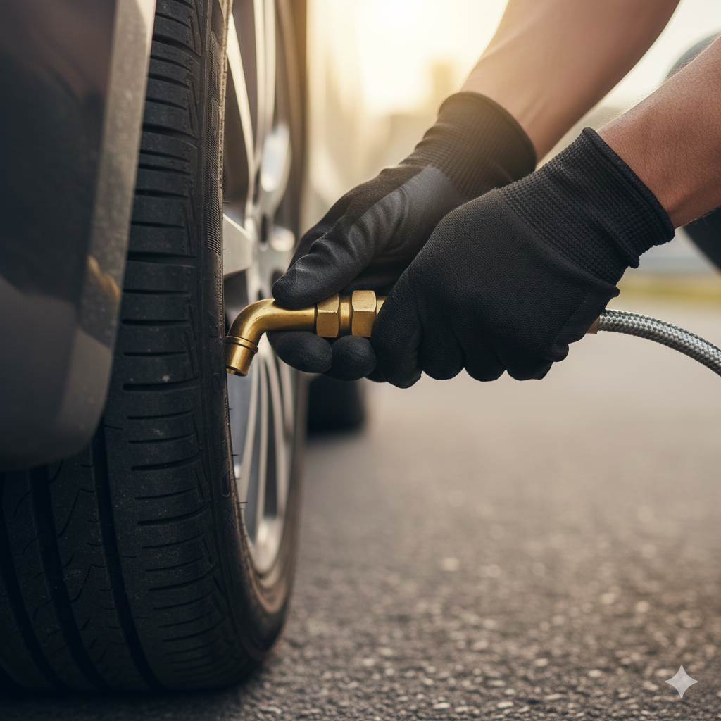 Connecting the tyre inflator nozzle to the valve stem