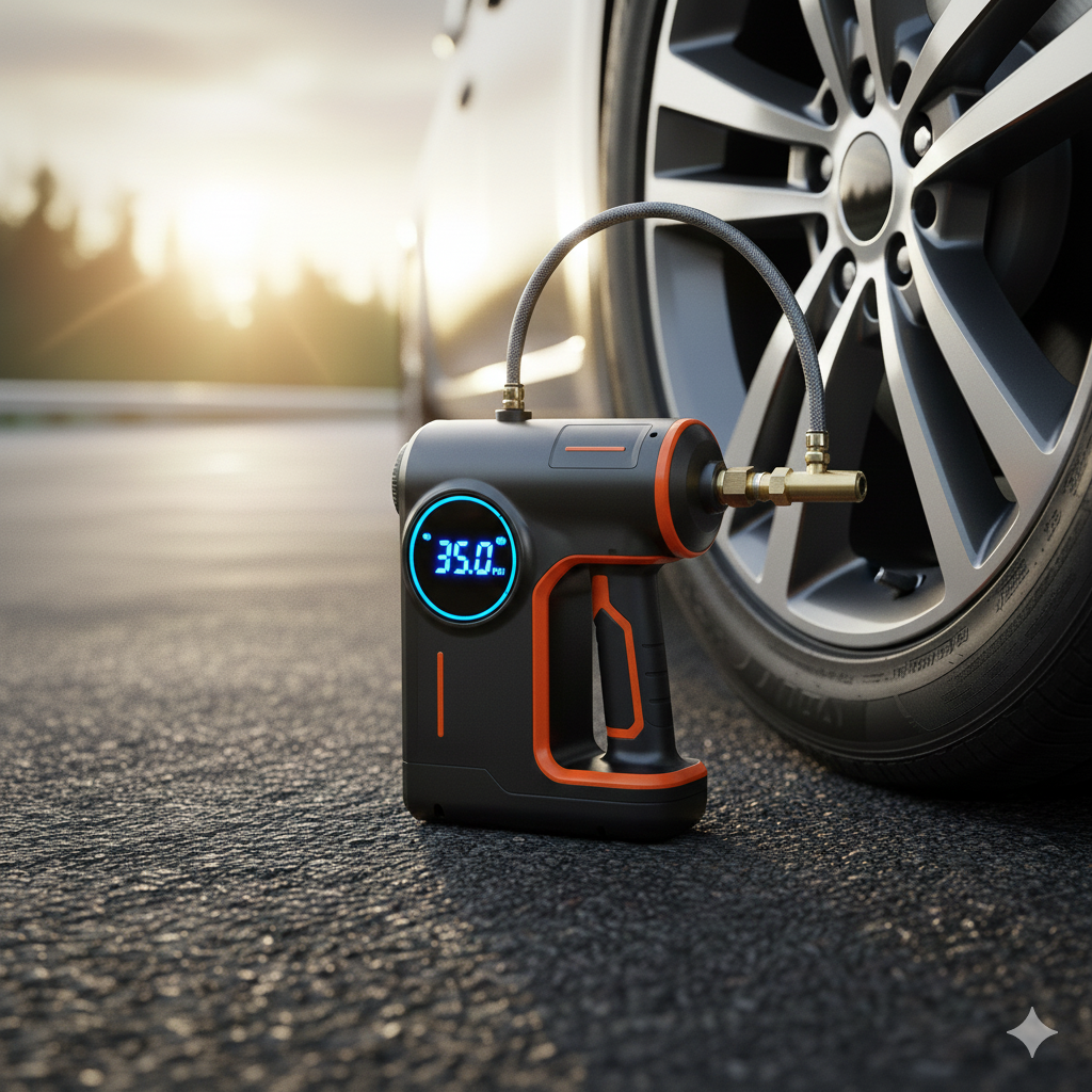 Modern portable digital tyre air pump connected to a car wheel for inflation
