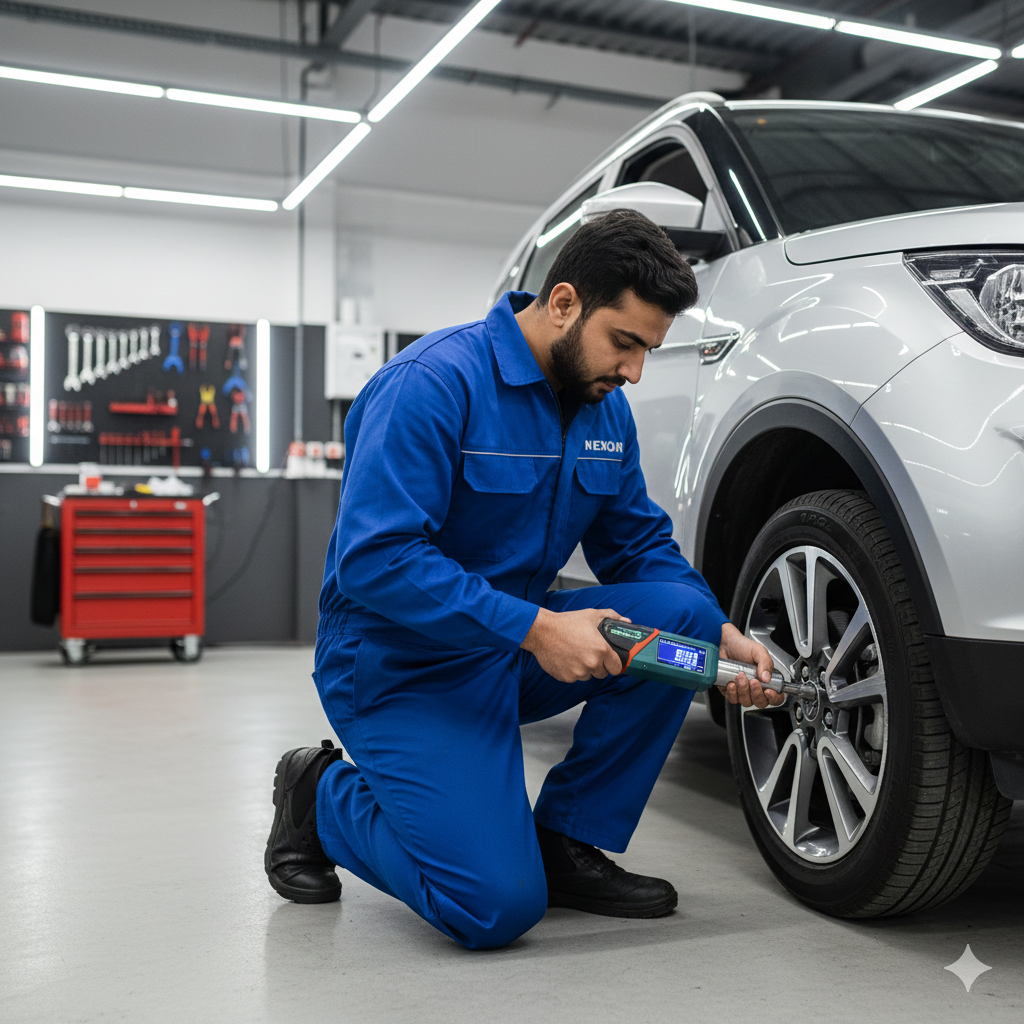 Professional mechanic performing wheel maintenance on Tata Nexon