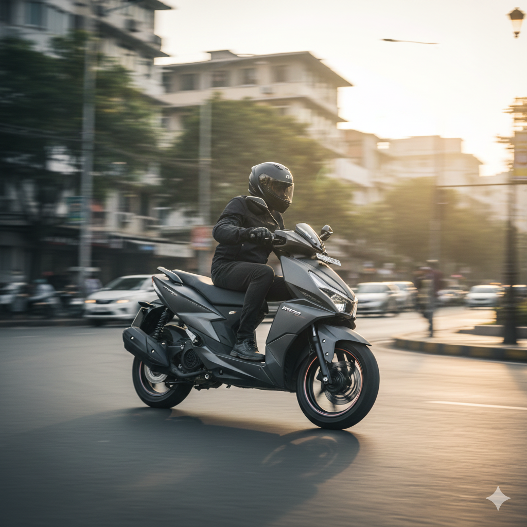 TVS NTorq 125 riding on city street, highlighting its wheels