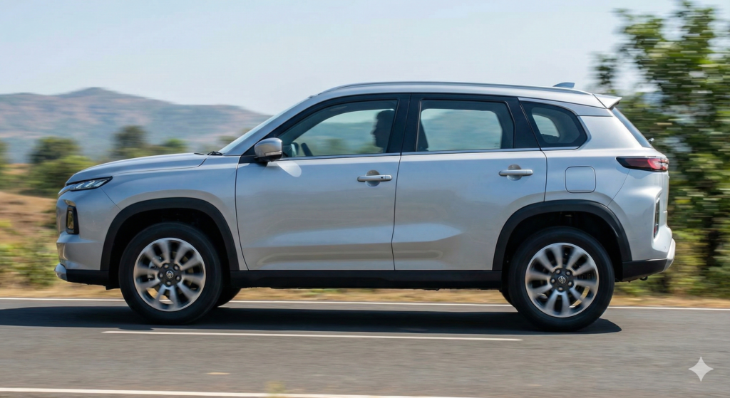 Toyota Hyryder side profile showing 17-inch wheels and ground clearance