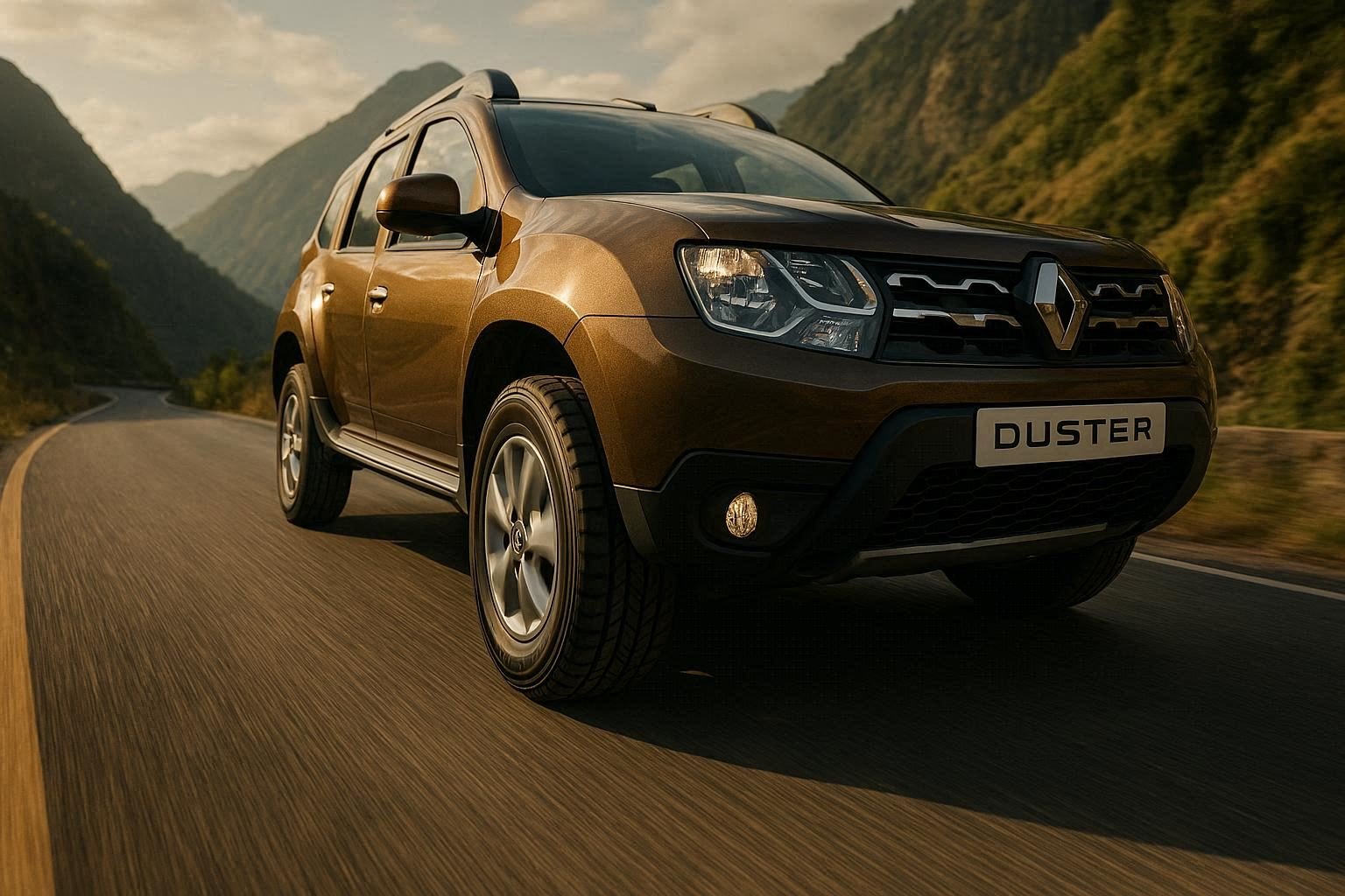 Side profile of Renault Duster showing 21565 R16 tyre size on a mountain road