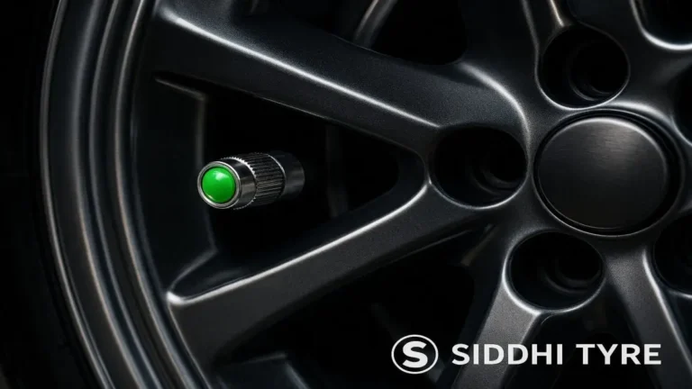 Close up of an air alert tyre valve cap showing green for safe tyre pressure