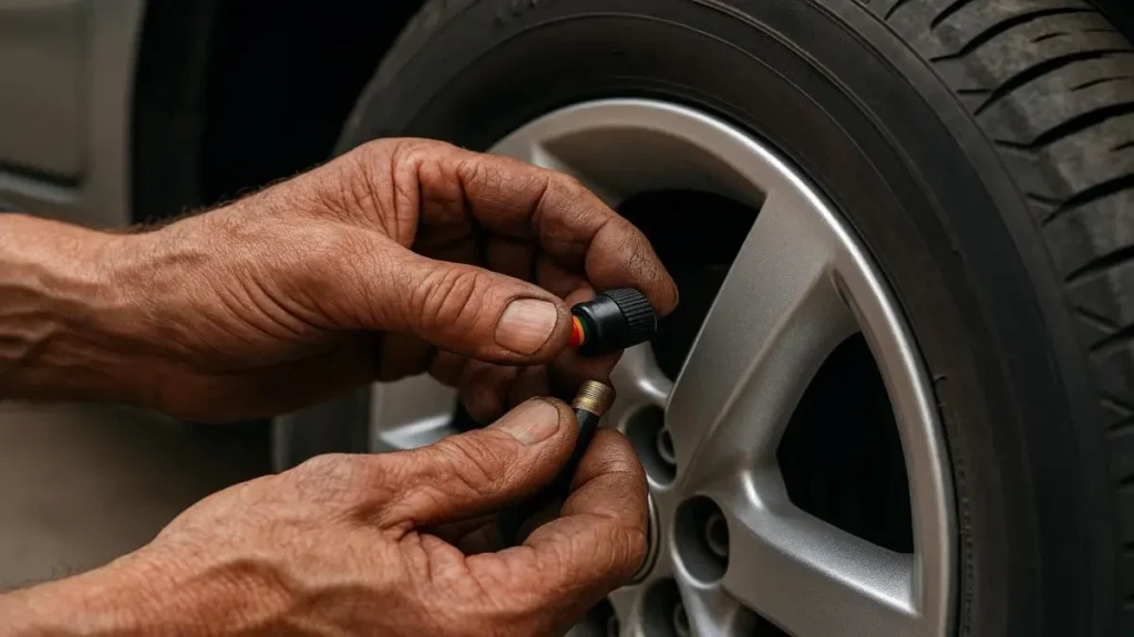 Mechanic installing an air alert tyre pressure indicator cap on a vehicle