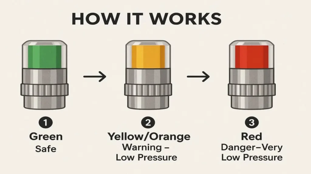Infographic explaining the green, yellow, and red color system of air alert tyre valve caps